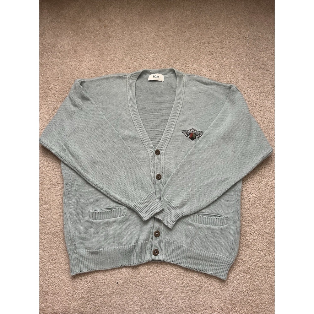 Men’s VTG HUGO BOSS Logo Mens XL Blue Grandpa Cardigan Sweater Made in Germany